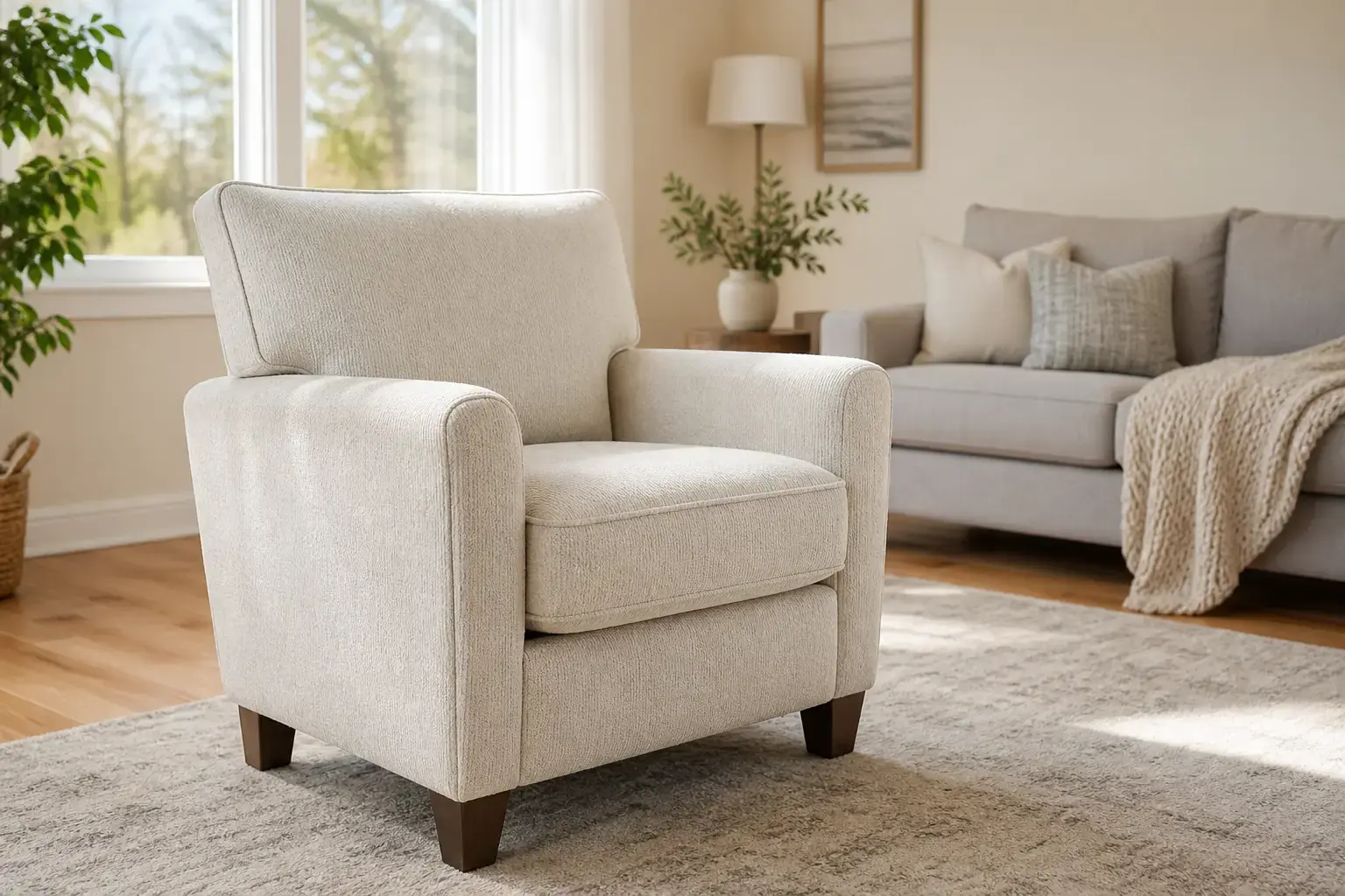 Freshly cleaned upholstered chair in a bright Central Alberta living room