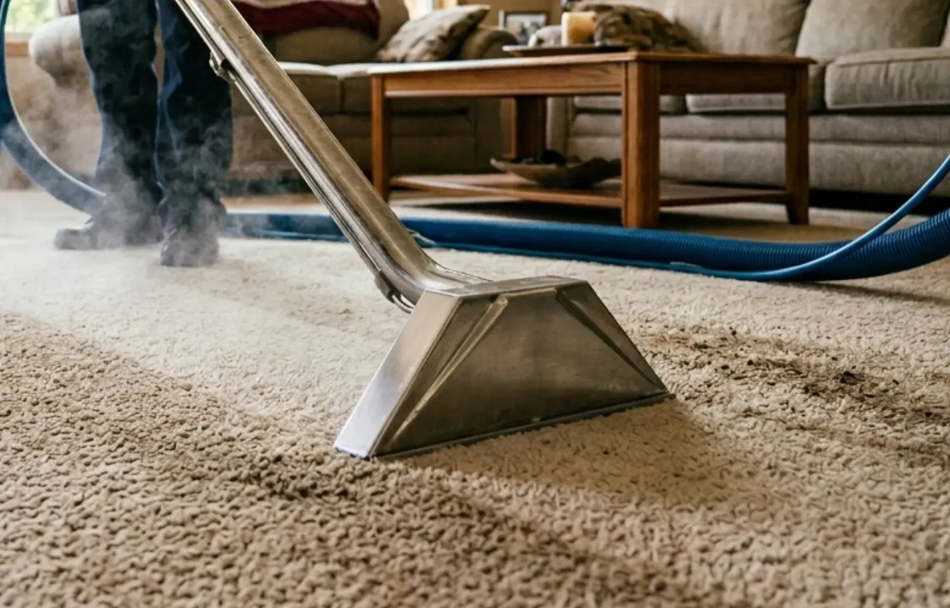 Professional hot water extraction carpet cleaning wand on plush beige carpet with steam rising
