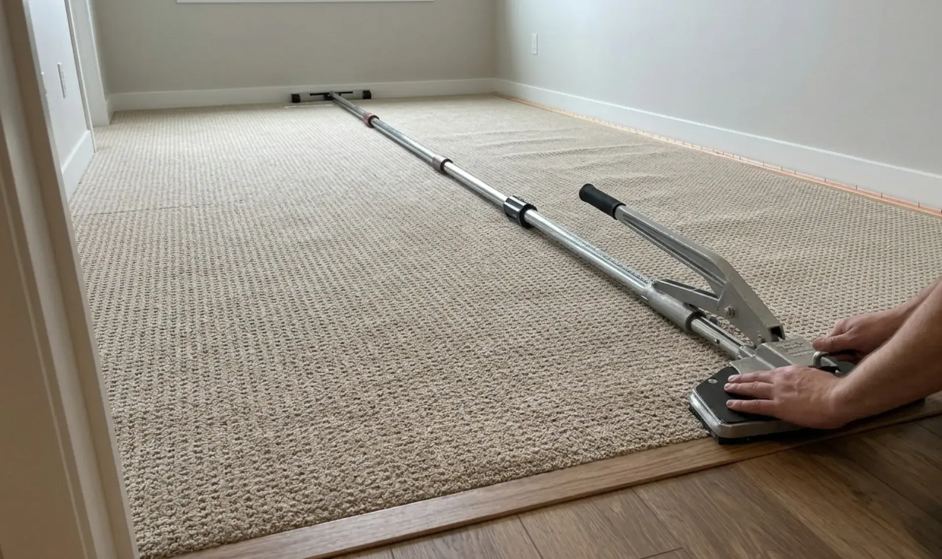 Power stretcher tool extended across a residential bedroom pulling beige carpet tight to the wall