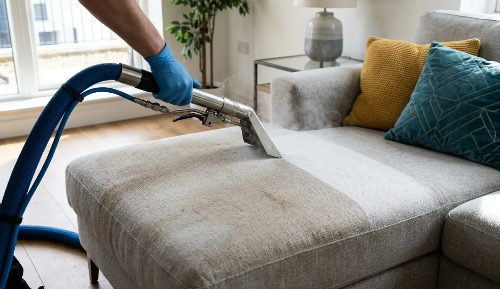 Professional upholstery cleaning tool extracting dirt from a grey fabric sofa cushion