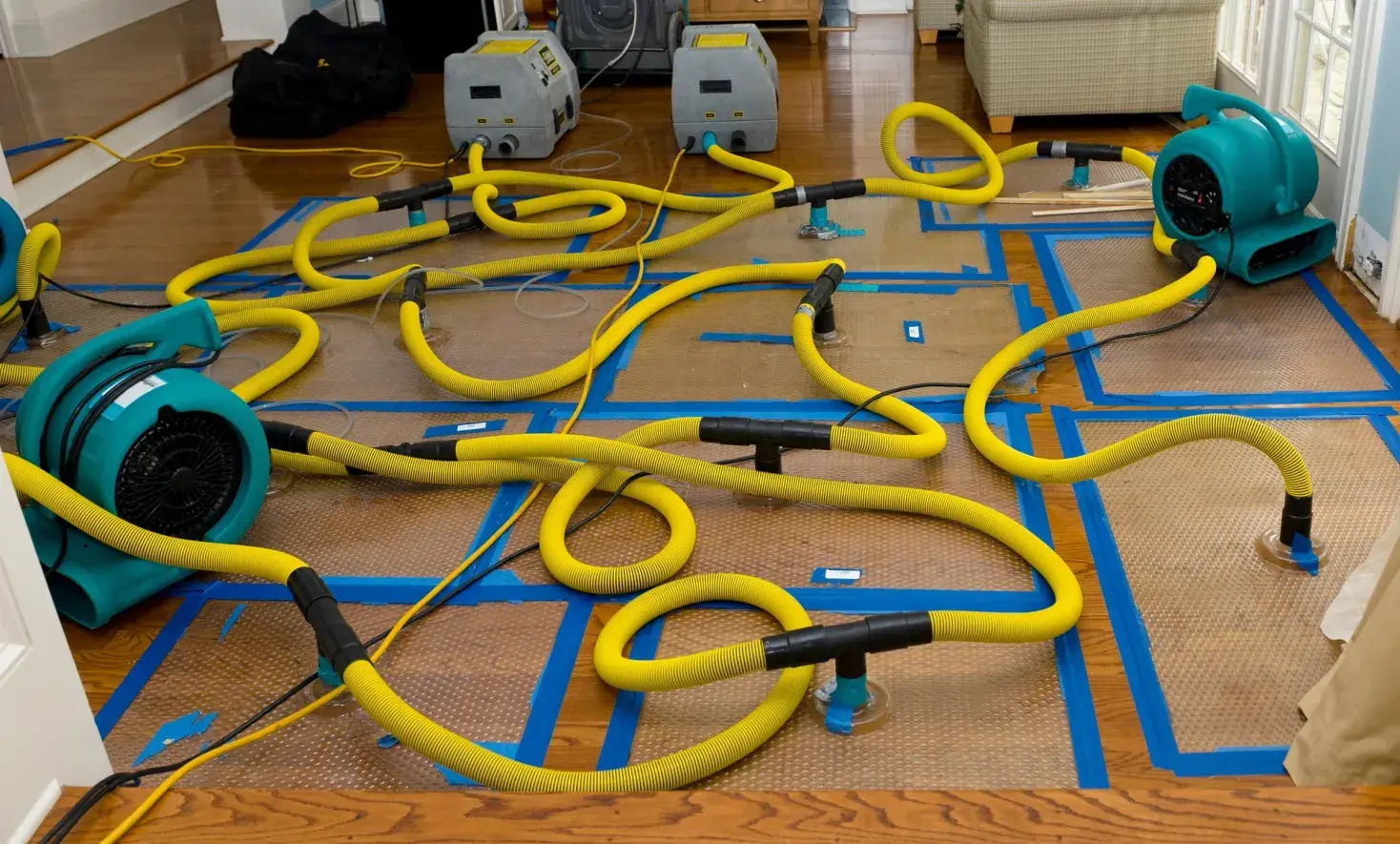 Professional water damage restoration in progress — air movers and drying equipment set up across a flooded living room floor